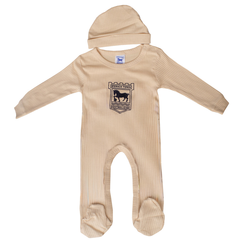 Beige Crest Sleep Suit & Hat Set