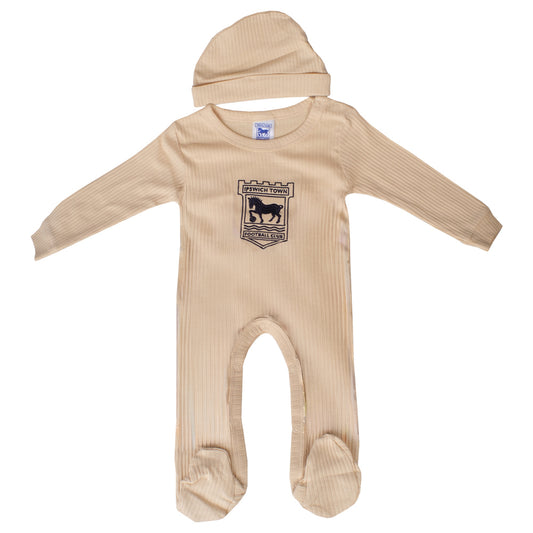 Beige Crest Sleep Suit & Hat Set