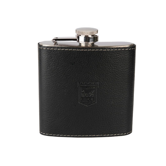 Black Leather Crest Hip Flask