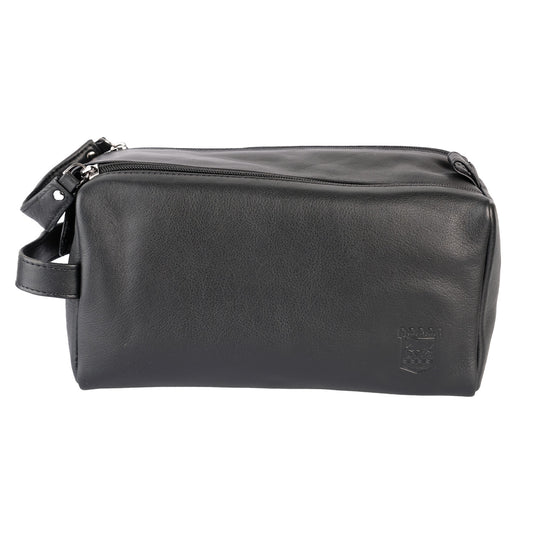 Black Leather Crest Wash Bag