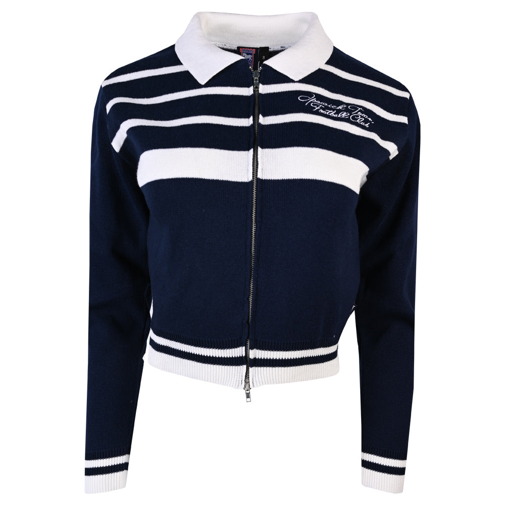 Womens Navy Knitted Script Zip Top
