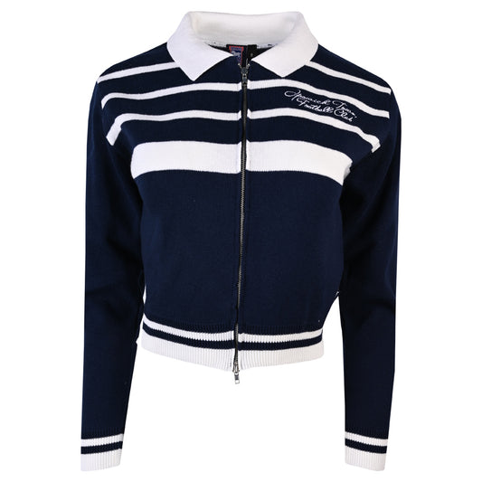 Womens Navy Knitted Script Zip Top