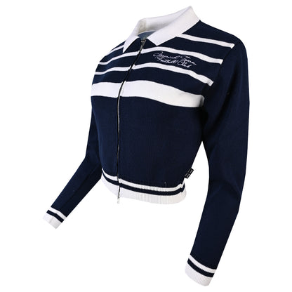 Womens Navy Knitted Script Zip Top